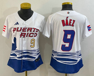Women's Puerto Rico Baseball #9 Javier Baez Number White 2023 World Baseball Classic Stitched Jersey 05