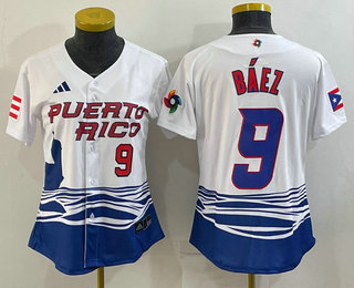 Women's Puerto Rico Baseball #9 Javier Baez Number White 2023 World Baseball Classic Stitched Jersey 06