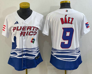Women's Puerto Rico Baseball #9 Javier Baez White 2023 World Baseball Classic Stitched Jersey 03