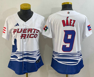 Women's Puerto Rico Baseball #9 Javier Baez White 2023 World Baseball Classic Stitched Jersey 04