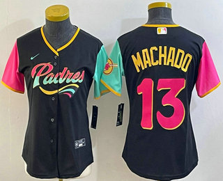 Women's San Diego Padres #13 Manny Machado Black 2022 City Connect Cool Base Stitched Jersey 01