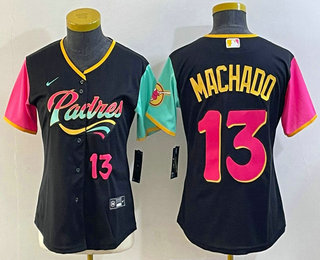 Women's San Diego Padres #13 Manny Machado Black Number 2022 City Connect Cool Base Stitched Jersey 01