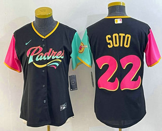 Women's San Diego Padres #22 Juan Soto Black 2022 City Connect Cool Base Stitched Jersey 01