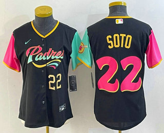Women's San Diego Padres #22 Juan Soto Number Black 2022 City Connect Cool Base Stitched Jersey 01