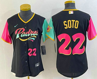 Women's San Diego Padres #22 Juan Soto Number Black 2022 City Connect Cool Base Stitched Jersey 02