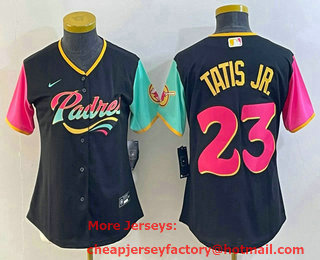 Women's San Diego Padres #23 Fernando Tatis Jr Black 2022 City Connect Cool Base Stitched Jersey 01