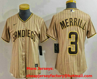 Women's San Diego Padres #3 Jackson Merrill Tan NEW 2023 Cool Base Stitched Jersey