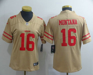 Women's San Francisco 49ers #16 Joe Montana Gold 2019 Inverted Legend Stitched NFL Nike Limited Jersey
