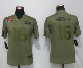 Women's San Francisco 49ers #16 Joe Montana NEW Olive 2019 Salute To Service Stitched NFL Nike Limited Jersey