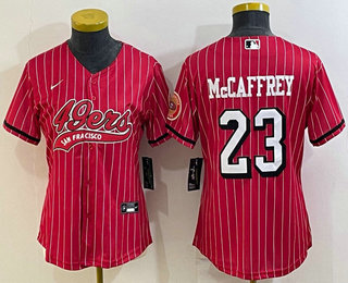 Women's San Francisco 49ers #23 Christian McCaffrey Red Pinstripe Color Rush With Patch Cool Base Stitched Baseball Jersey