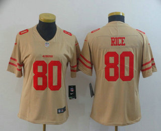 Women's San Francisco 49ers #80 Jerry Rice Gold 2019 Inverted Legend Stitched NFL Nike Limited Jersey