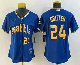 Women's Seattle Mariners #24 Ken Griffey Number Blue 2023 City Connect Cool Base Stitched Jersey 02