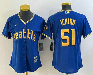 Women's Seattle Mariners #51 Ichiro Suzuki Blue 2023 City Connect Cool Base Stitched Jersey 01