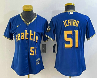 Women's Seattle Mariners #51 Ichiro Suzuki Number Blue 2023 City Connect Cool Base Stitched Jersey 01