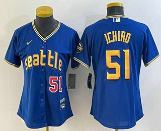 Women's Seattle Mariners #51 Ichiro Suzuki Number Blue 2023 City Connect Cool Base Stitched Jersey 02