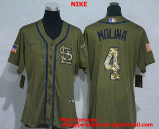 Women's St. Louis Cardinals #4 Yadier Molina Green Salute To Service Stitched MLB Cool Base Nike Jersey