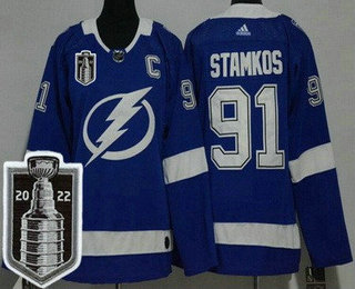 Women's Tampa Bay Lightning #91 Steven Stamkos Blue 2022 Stanley Cup Stitched Jersey