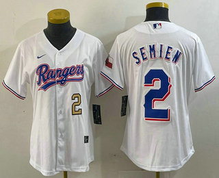 Women's Texas Rangers #2 Marcus Semien Number White 2024 Gold Collection Limited Cool Base Jersey 12
