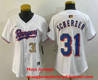 Women's Texas Rangers #31 Max Scherzer Number White 2024 Gold Collection Limited Cool Base Jersey 12