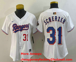 Women's Texas Rangers #31 Max Scherzer Number White 2024 Gold Collection Limited Cool Base Jersey 13