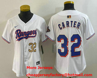 Women's Texas Rangers #32 Evan Carter Number White 2024 Gold Collection Limited Cool Base Jersey 12