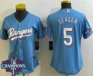 Women's Texas Rangers #5 Corey Seager Light Blue Team Logo 2023 World Series Champions Cool Base Jersey