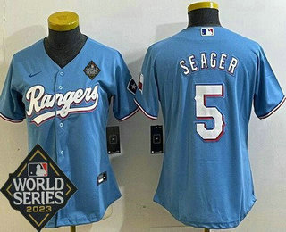 Women's Texas Rangers #5 Corey Seager Light Blue Team Logo 2023 World Series Cool Base Jersey