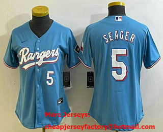 Women's Texas Rangers #5 Corey Seager Number Light Blue Stitched Cool Base Nike Jersey
