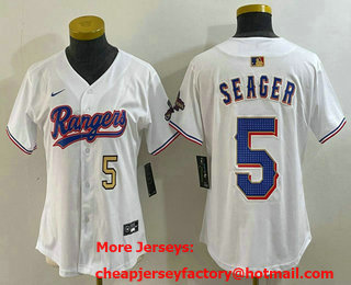 Women's Texas Rangers #5 Corey Seager Number White 2024 Gold Collection Limited Cool Base Jersey 12