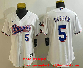 Women's Texas Rangers #5 Corey Seager Number White Team Logo Cool Base Jersey 02