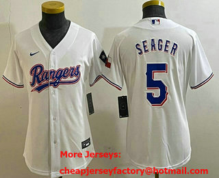 Women's Texas Rangers #5 Corey Seager Number White Team Logo Cool Base Jersey 03