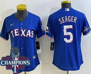 Women's Texas Rangers #5 Corey Seager Royal Team Logo 2023 World Series Champions Cool Base Jersey