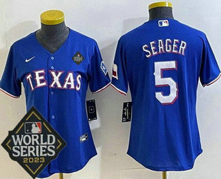 Women's Texas Rangers #5 Corey Seager Royal Team Logo 2023 World Series Cool Base Jersey
