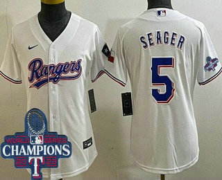 Women's Texas Rangers #5 Corey Seager White Team Logo 2023 World Series Champions Cool Base Jersey