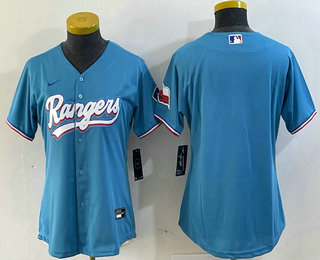 Women's Texas Rangers Blank Number Light Blue Team Logo Cool Base Jersey