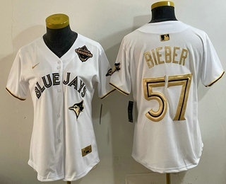 Women's Toronto Blue Jays #57 Shane Bieber White Gold 2025 American League Champions Limited Stitched Jersey