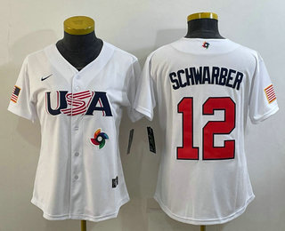 Women's USA Baseball #12 Kyle Schwarber 2023 White World Classic Stitched Jersey 03