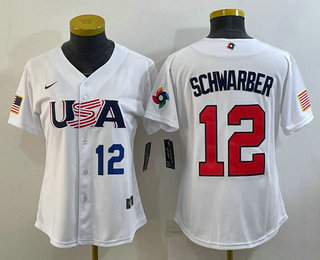 Women's USA Baseball #12 Kyle Schwarber Number 2023 White World Classic Stitched Jersey 02