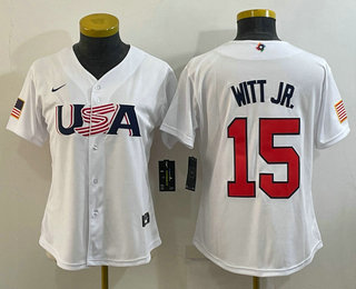 Women's USA Baseball #15 Bobby Witt Jr 2023 White World Classic Replica Stitched Jersey 01
