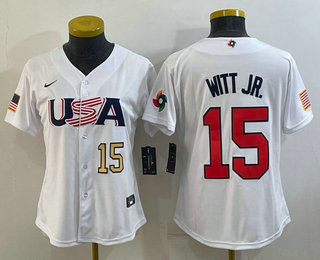 Women's USA Baseball #15 Bobby Witt Jr Number 2023 White World Classic Replica Stitched Jersey 01