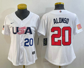 Women's USA Baseball #20 Pete Alonso Number 2023 White World Classic Stitched Jersey 06