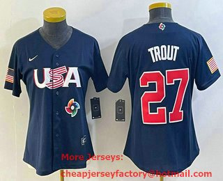 Women's USA Baseball #27 Mike Trout 2023 Navy World Classic Stitched Jersey 03