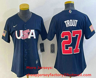 Women's USA Baseball #27 Mike Trout 2023 Navy World Classic Stitched Jersey 04