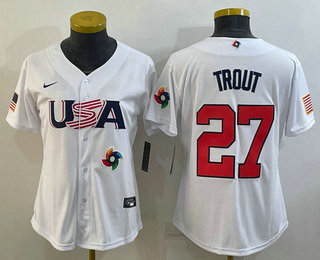 Women's USA Baseball #27 Mike Trout 2023 White World Classic Replica Stitched Jersey 02