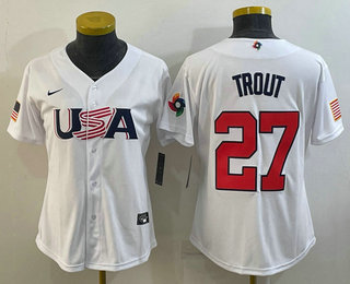 Women's USA Baseball #27 Mike Trout 2023 White World Classic Replica Stitched Jersey 03