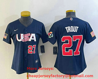 Women's USA Baseball #27 Mike Trout Number 2023 Navy World Classic Stitched Jersey 02