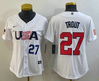 Women's USA Baseball #27 Mike Trout Number 2023 White World Classic Replica Stitched Jersey 04