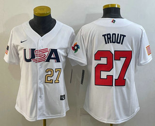 Women's USA Baseball #27 Mike Trout Number 2023 White World Classic Replica Stitched Jersey 05