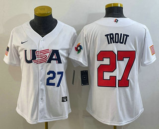 Women's USA Baseball #27 Mike Trout Number 2023 White World Classic Replica Stitched Jersey 06