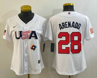 Women's USA Baseball #28 Nolan Arenado 2023 White World Classic Replica Stitched Jersey 01